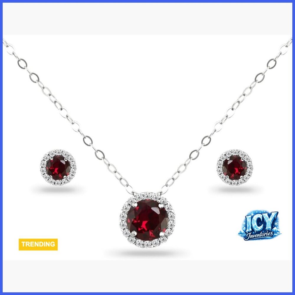 Sterling Silver Simulated Gemstone Halo Necklace and Earrings Set